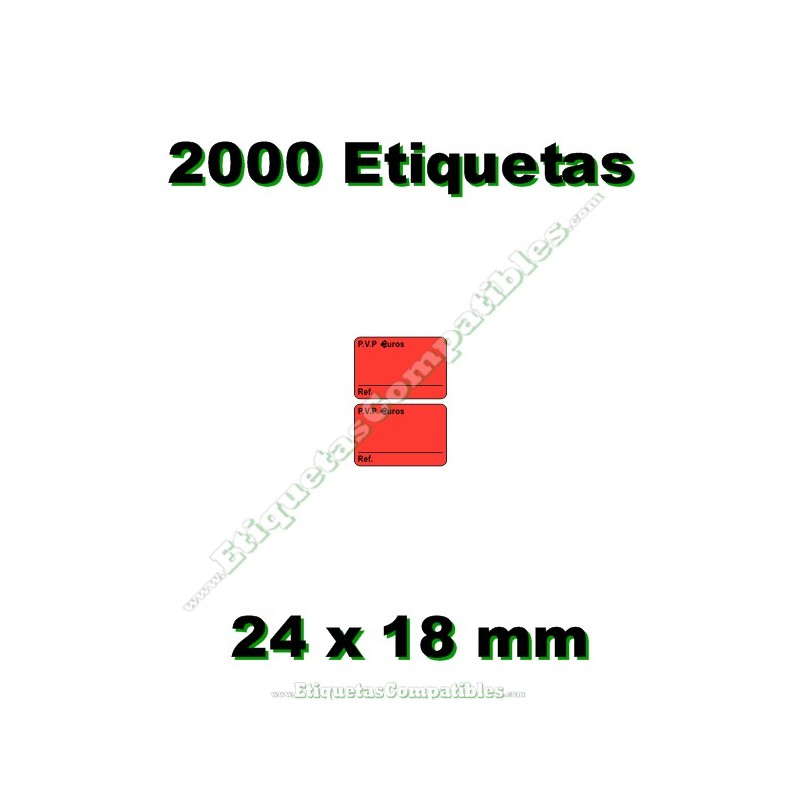 Rollo 2000 Etiquetas 24 x 18 mm PVP Euros + Ref Rojo flúor