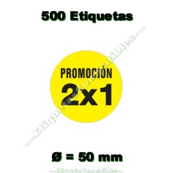 Rollo 500 Etiquetas "Promoción 2x1" Círculo Amarillo