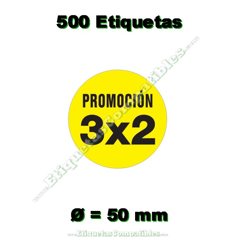 Rollo 500 Etiquetas "Promoción 3x2" Círculo Amarillo