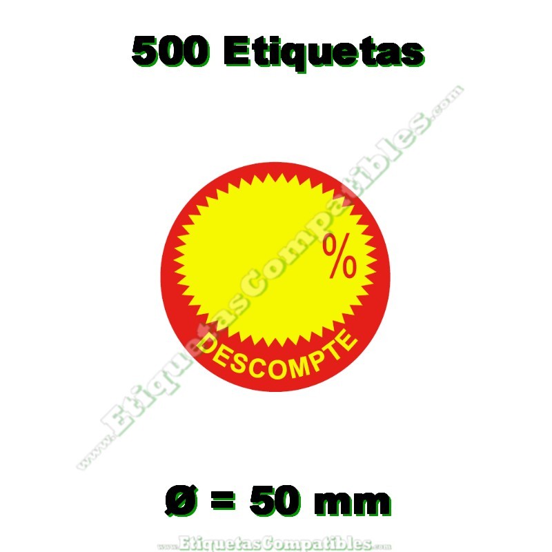 Rollo 500 Etiquetas "Descompte" Círculo Rojo/Amarillo