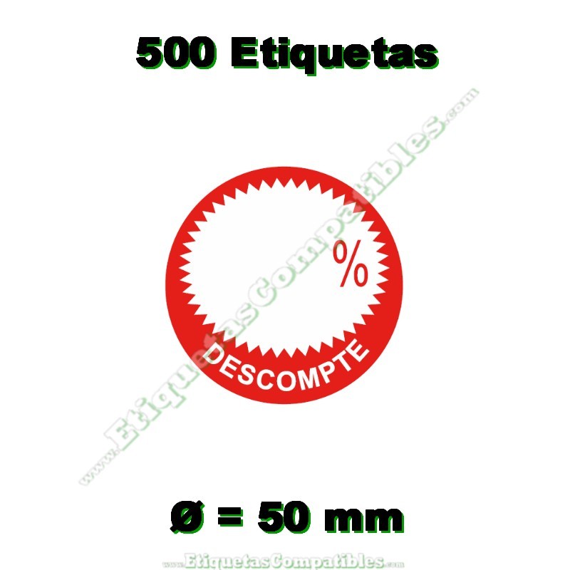 Rollo 500 Etiquetas "Descompte" Círculo Rojo/Blanco