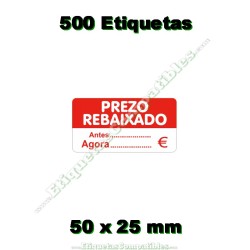 Rollo 500 Etiquetas "Prezo rebaixado" Rectángulo Rojo/Blanco