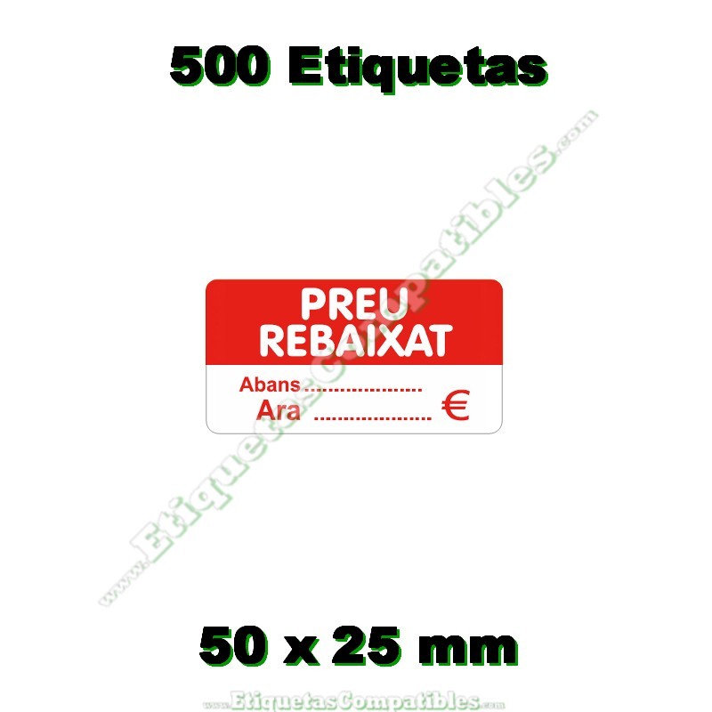 Rollo 500 Etiquetas "Preu rebaixat" Rectángulo Rojo/Blanco