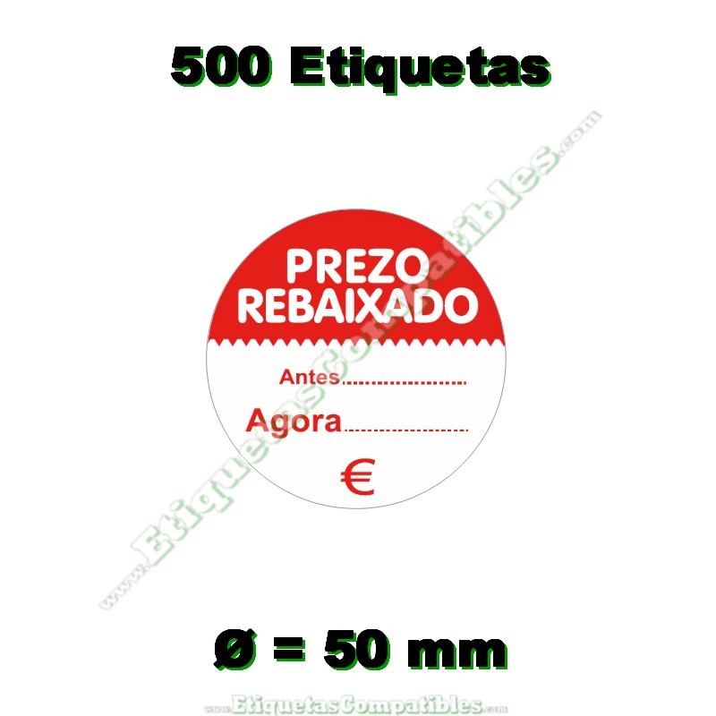 Rollo 500 Etiquetas "Prezo Rebaixado" Círculo Rojo/Blanco