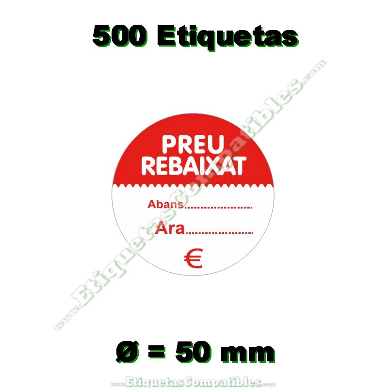Rollo 500 Etiquetas "Preu Rebaixat" Círculo Rojo/Blanco