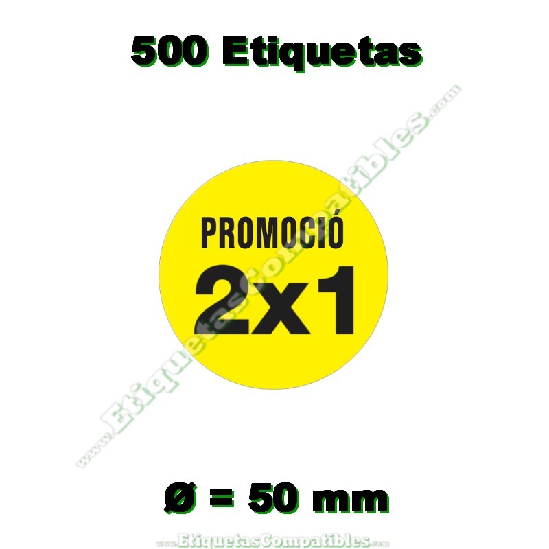 Rollo 500 Etiquetas "Promoció 2x1" Círculo Amarillo
