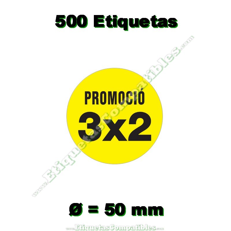 Rollo 500 Etiquetas "Promoció 3x2" Círculo Amarillo