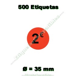 Rollo 500 Etiquetas "2 €" Rojo Flúor