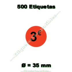 Rollo 500 Etiquetas "3 €" Rojo Flúor