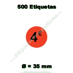 Rollo 500 Etiquetas "4 €" Rojo Flúor