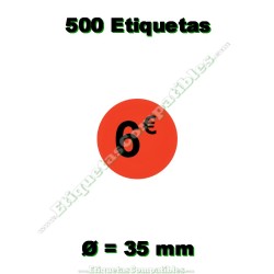 Rollo 500 Etiquetas "6 €" Rojo Flúor