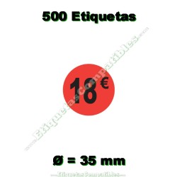 Rollo 500 Etiquetas "18 €" Rojo Flúor