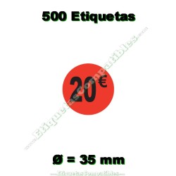 Rollo 500 Etiquetas "20 €" Rojo Flúor