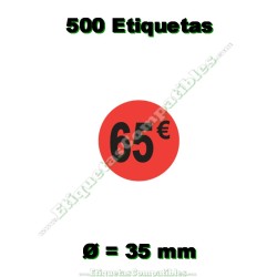 Rollo 500 Etiquetas "65 €" Rojo Flúor
