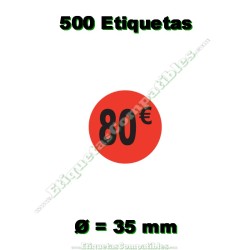 Rollo 500 Etiquetas "80 €" Rojo Flúor