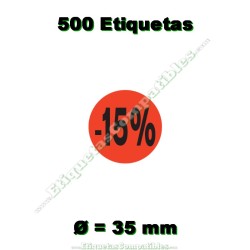 Rollo 500 Etiquetas "-15%" Rojo Flúor