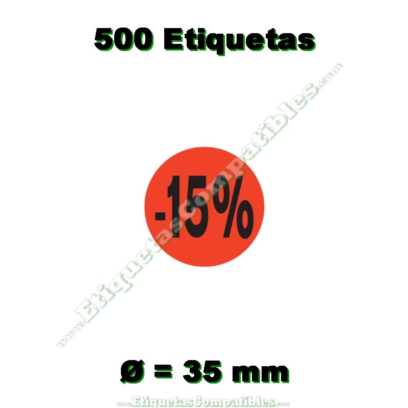 Rollo 500 Etiquetas "-15%" Rojo Flúor