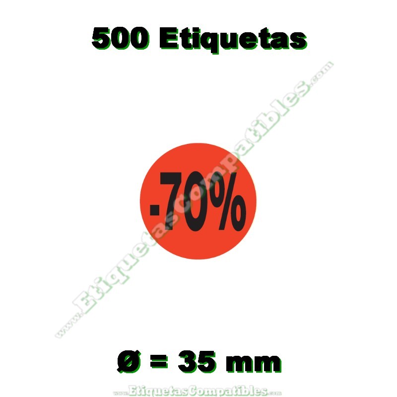 Rollo 500 Etiquetas "-70%" Rojo Flúor
